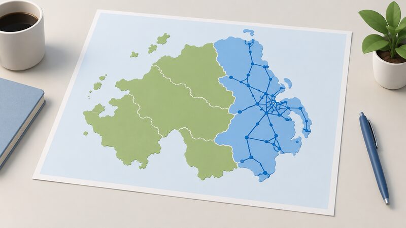 A simplified map of Northern Ireland drawn as a printed sheet, with plain colour regions showing the gas distribution network concentrated in the east and greater Belfast area, and the rural and western areas left in a contrasting plain colour to show they are outside the network.