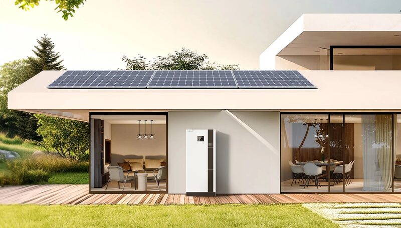 A modern house with rooftop solar panels and a white all-in-one solar inverter unit mounted on the exterior wall