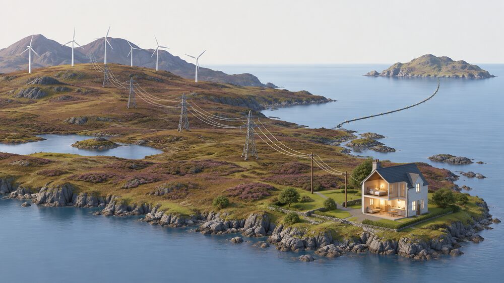 A wide Scottish landscape with onshore wind turbines on a hill, transmission pylons carrying lines across moorland toward a small house with its lights on, and a subsea cable running from the shore out to a distant island.