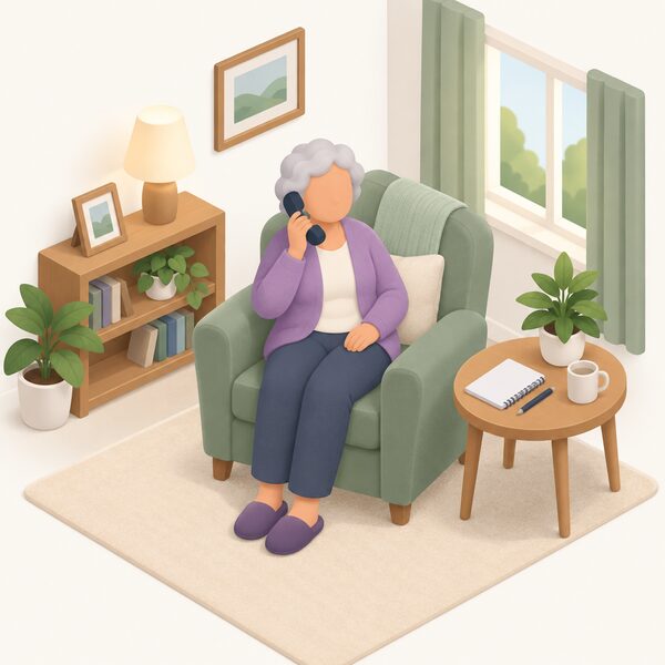 An elderly person seated in an armchair in a domestic living room, holding a telephone handset to their ear and speaking with their energy supplier, with a plain notepad resting on a side table beside them.