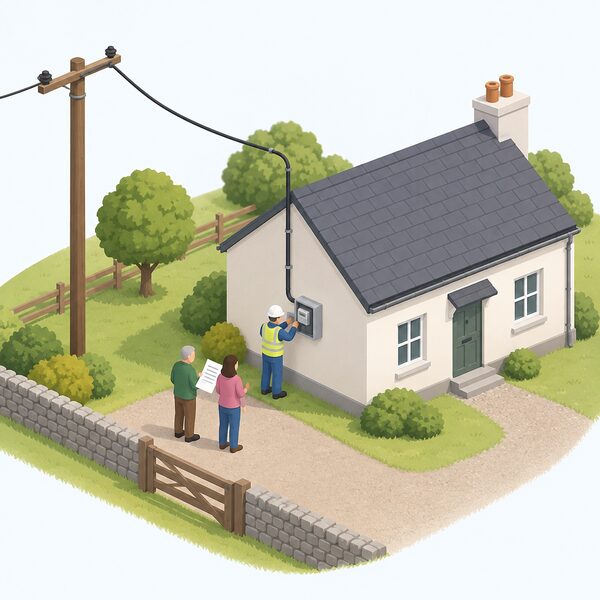 A small isometric house in a rural setting with a new electricity cable running from a nearby overhead line pole to the property, an installer working at the connection point on the outside wall, and the householders standing nearby holding a simple document showing grant support towards the cost.