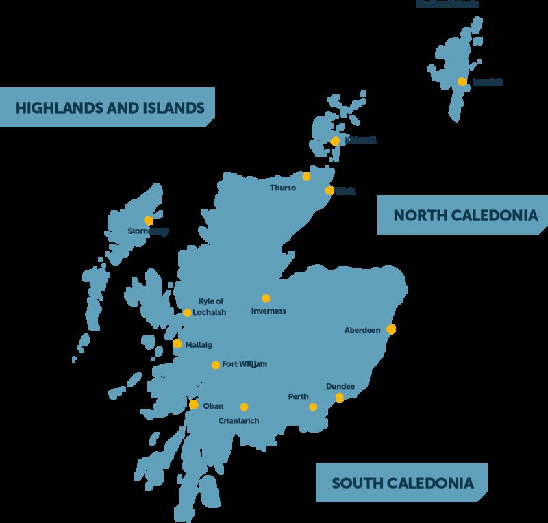 A map of northern Scotland showing SSEN's Highlands and Islands, North Caledonia and South Caledonia distribution regions with towns marked