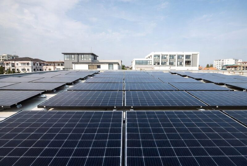 A large array of solar panels installed on a flat rooftop with buildings in the background
