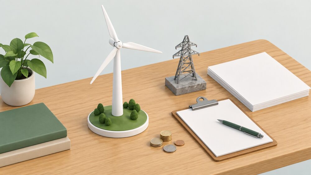 A small model wind turbine stands on a wooden table beside blank paperwork, a clipboard with a pen, and a few coins, with a pylon-shaped paperweight behind the papers, all suggesting the planning and policy decisions behind Welsh renewable electricity.
