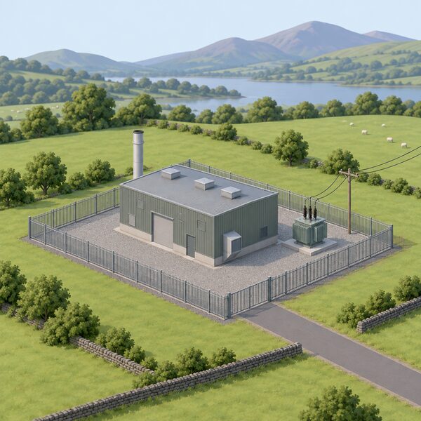 A small flexible gas peaking plant shown as a simple fenced site in the Welsh countryside, containing a low engine or turbine hall building with a modest slender stack, a small transformer and connection to a short overhead power line, with no people present.