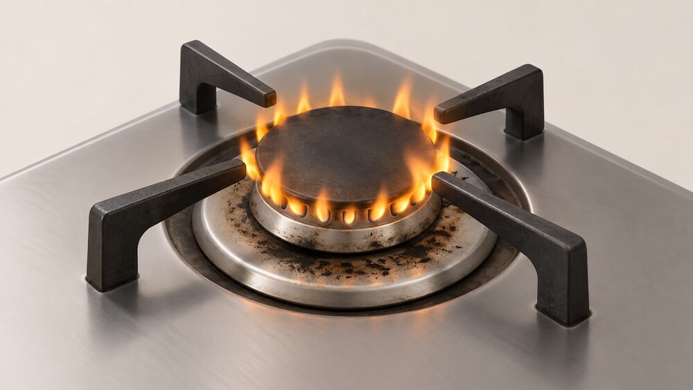 A close-up of a gas hob burner on a kitchen cooker burning with a lazy yellow-orange flame instead of a crisp blue one, with black scorch marks on the metal around the burner.