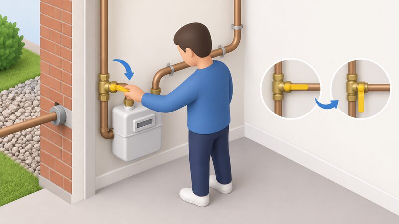 A simplified householder at the gas meter, which sits inside near the property wall, gripping the meter's lever tap and turning it through 90 degrees to the off position, with the inlet pipe from the wall and outlet pipe to the home clearly shown.