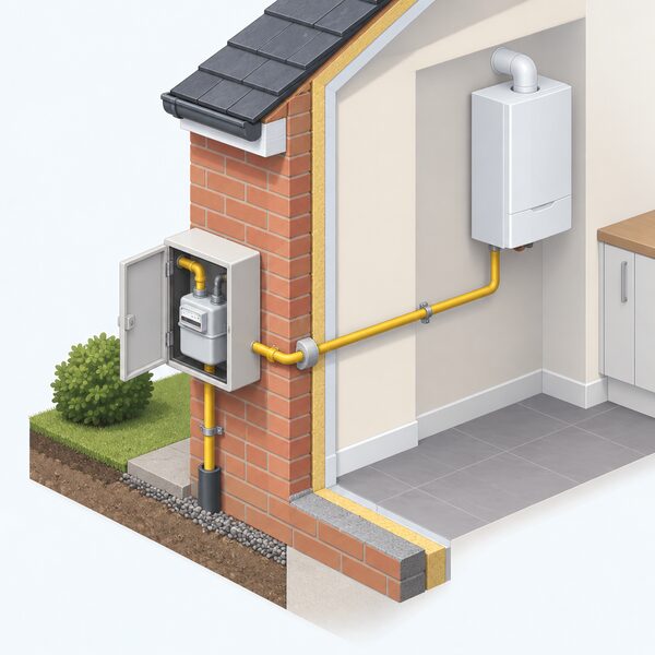 A cutaway view of a home exterior wall showing a domestic gas meter in its surface-mounted box outside, with a single internal gas pipe passing through the wall and running inside the property towards a gas appliance such as a boiler, with no people present.