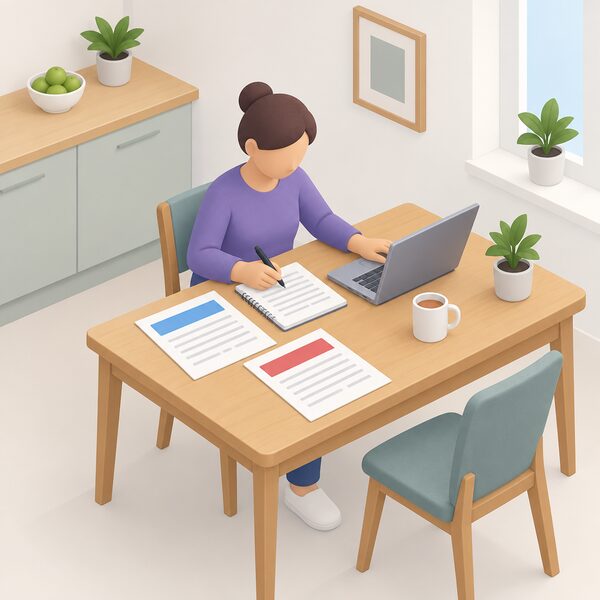 A householder at a kitchen table logging a dispute with their energy supplier, with an engineer's report and an emergency reference kept as paperwork beside them, shown as physical documents with blank lines and plain blocks.