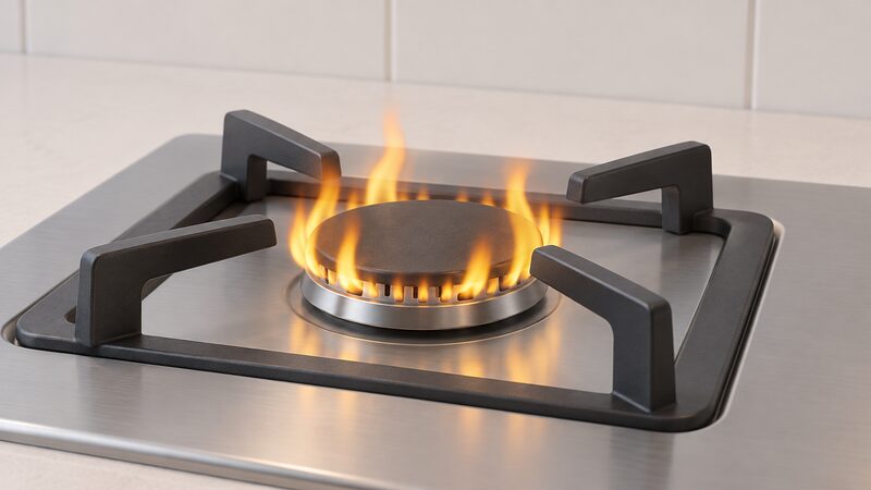 A close-up of a gas hob burner lit with a lazy, floppy yellow-orange flame instead of a crisp blue cone, drawn as a simple kitchen scene with the pan support and burner cap clearly shown so the unhealthy flame colour is unmistakable.