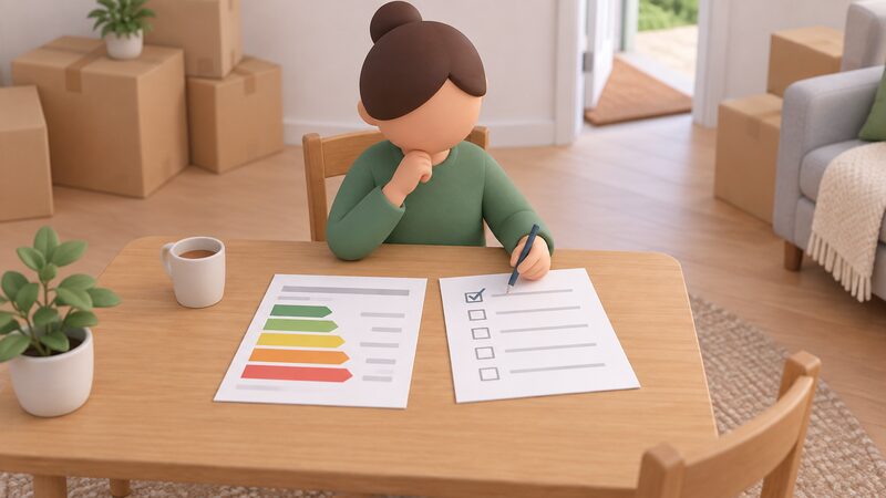 On a table in a new home, a printed energy statement showing a standard variable tariff as plain colour bands lies beside a handwritten moving-in checklist, with a simplified figure pausing mid-tick to compare the two papers.