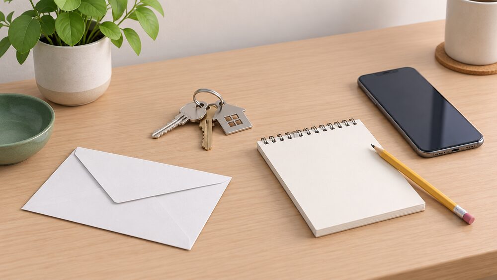 A small arrangement on a table of a new home's front door keys, a blank envelope, a blank-sheet notepad with a pencil and a phone lying face up with a blank screen, suggesting the first tasks of sorting out energy at a newly moved-into house.