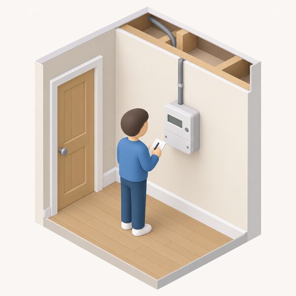 A domestic electricity meter mounted on an interior wall of a home, with a small simplified figure standing beside it reading the display, the meter connected by a visible cable running up from it into the ceiling space.