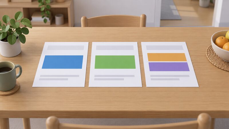 Three printed tariff summary sheets laid side by side on a table, each showing its structure as plain colour blocks: one with a single flat band for a fixed rate, one with a single plain band for a standard variable tariff, and one with two contrasting bands for an Economy 7 multi-rate tariff.
