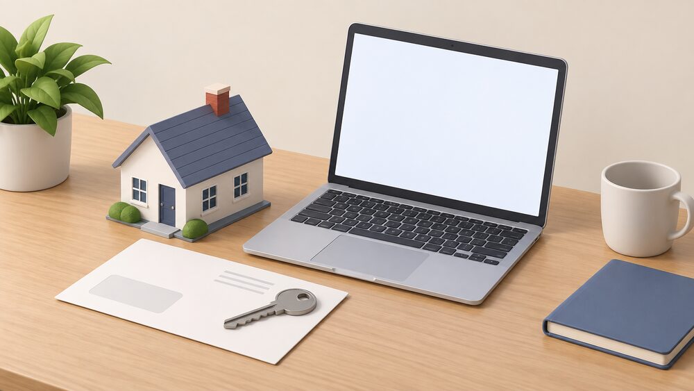 A small model house sits beside a laptop with a blank screen and a plain paper bill on a table, with a house key resting on the bill, suggesting a household looking up who owns the pipes and wires serving their home.