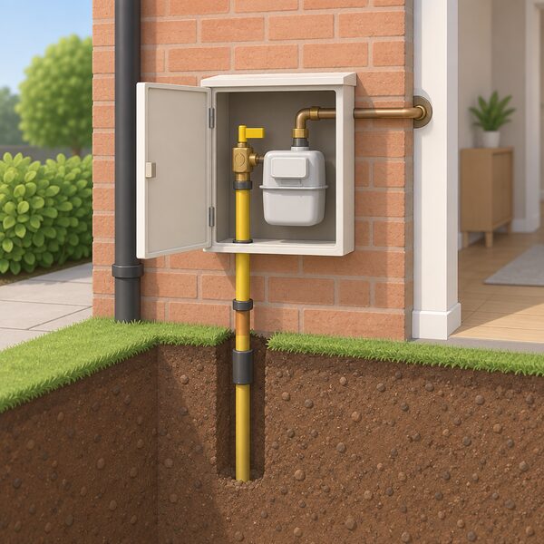 An exterior wall-mounted gas meter box on a home, open to show the meter, with the buried supply pipe rising from the ground into the emergency control valve and the outlet pipework running from the meter into the property wall.