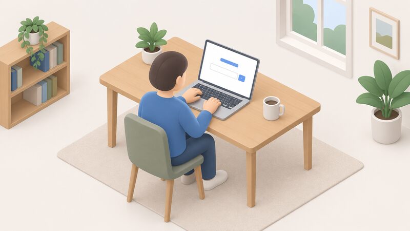 A householder at a table types a postcode into a laptop showing a simple online lookup page with a single postcode entry field, the screen otherwise plain, illustrating that the postcode is the only input needed to find their electricity network operator.