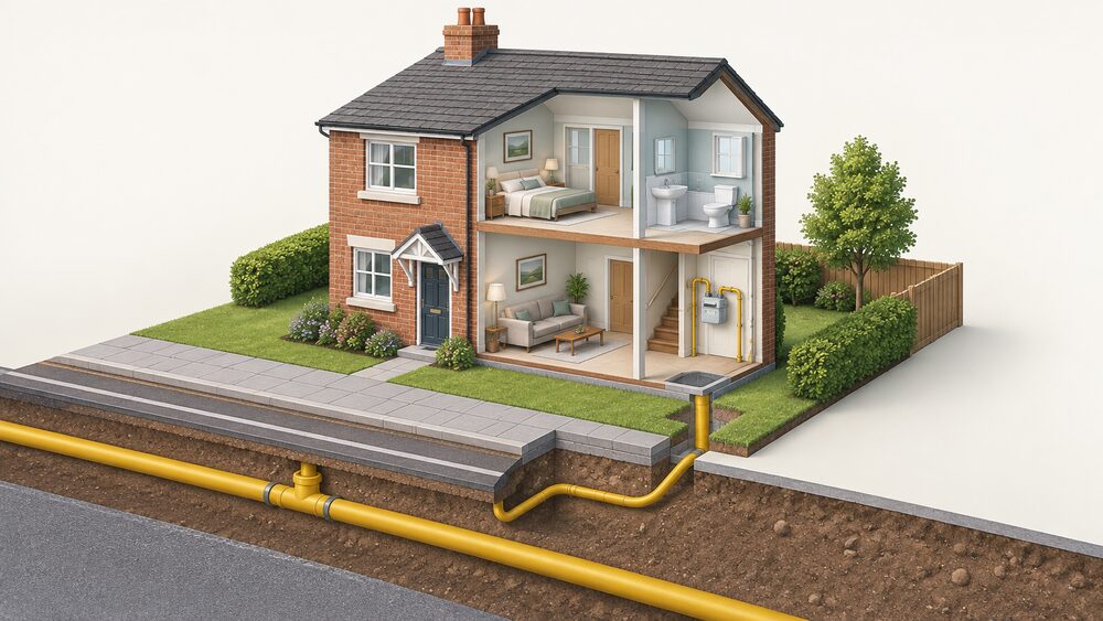 A cutaway view of a modest British house at the edge of a street, with gas pipes running beneath the road and pavement and one pipe entering the property to reach the gas meter on the inside wall, showing the distribution network's pipes delivering gas to the home.