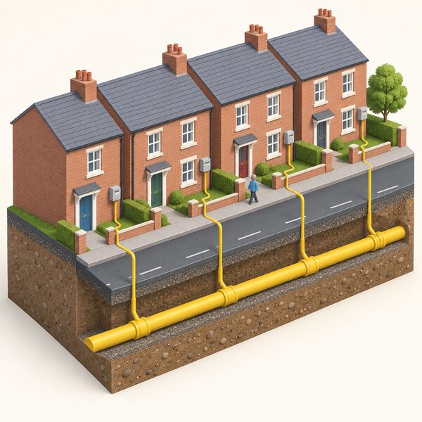 A cutaway view beneath a residential street showing a yellow gas distribution main running along the road with smaller service pipes branching off to connect up into a row of neighbouring houses, each pipe rising to a meter box on the outside wall.