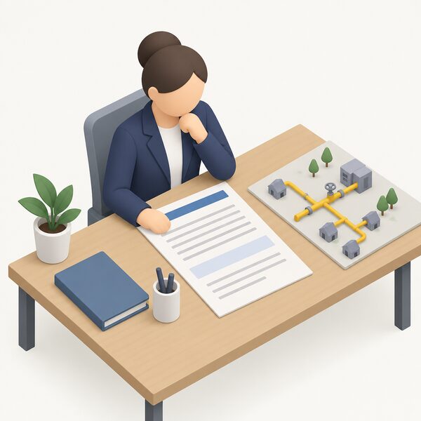 A formal licence document lying on a desk, drawn as a physical object with blank lines and plain colour bands for its conditions, beside a simplified isometric figure of a regulator figure reviewing it, with a small gas distribution network diagram on the desk edge.