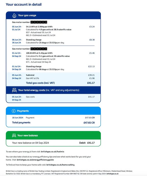 A British Gas energy bill showing gas usage, standing charges, total costs, payments and new balance