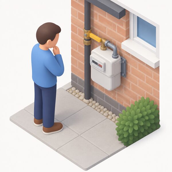 A domestic gas meter on an outside wall with its emergency control valve lever turned across the pipe to the off position, an isometric householder standing beside it, showing the supply shut off during an unplanned outage.