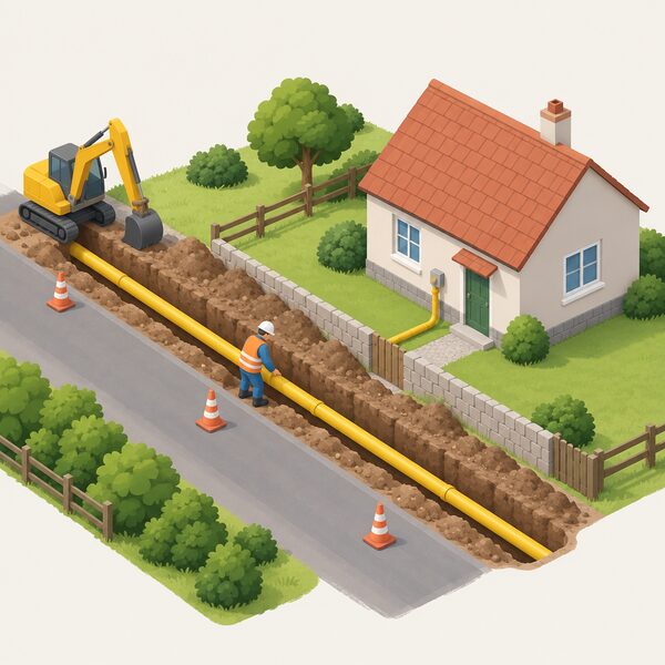 An open trench along a rural village road with a yellow gas main being laid into it, a small isometric worker guiding the pipe, and a simple village house nearby waiting to be connected to the new main.