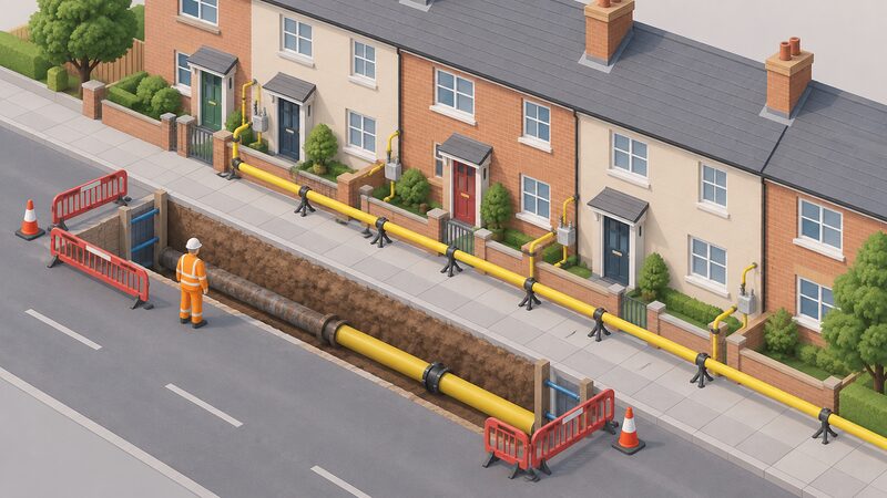An open trench in a residential street where a gas main is being replaced, with a small isometric worker in high-visibility clothing beside the excavation and a temporary bypass pipe running along the pavement to keep a row of connected houses supplied.