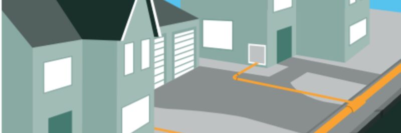 An illustration of houses with an orange gas supply pipe running underground from the street to a meter box on a house wall