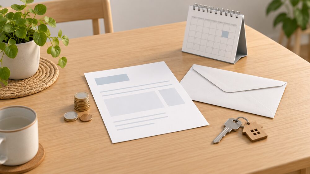 A kitchen table with a blank gas bill and a plain sealed envelope lying open beside a small stack of coins, a wall calendar and a house key, suggesting an automatic compensation payment arriving after a long gas outage.