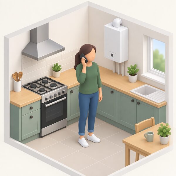 A householder standing in their kitchen holding a phone to their ear, making the first call to the free 24-hour gas emergency helpline to report an outage, with a gas cooker and boiler nearby and no gas flame lit.