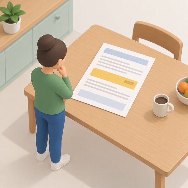 A household energy bill lying on a kitchen table, drawn as a physical paper document with a plain colour band showing the network costs share, beside a small isometric figure of a householder looking at it.