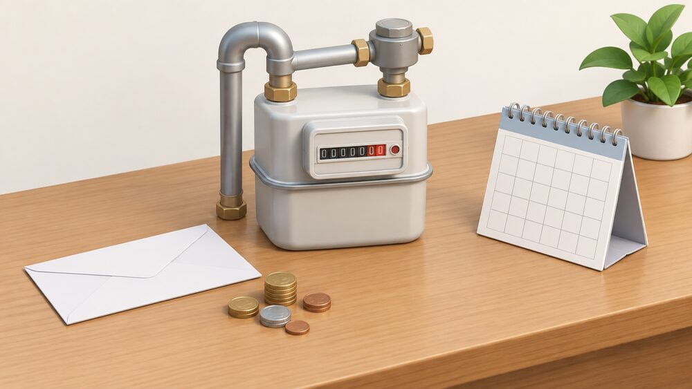 A small model of a domestic gas meter with its pipe stands on a table beside a blank bill envelope, loose coins and a paper calendar, representing how international pipeline gas arrives at a household bill.