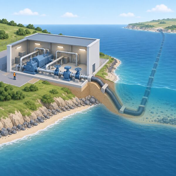 A compressor station building on the coast beside the sea, with large compressor units and pipework inside, connected to a buried cross-channel pipeline running out under the water towards the far shore, with valves and flow-direction control equipment shown.