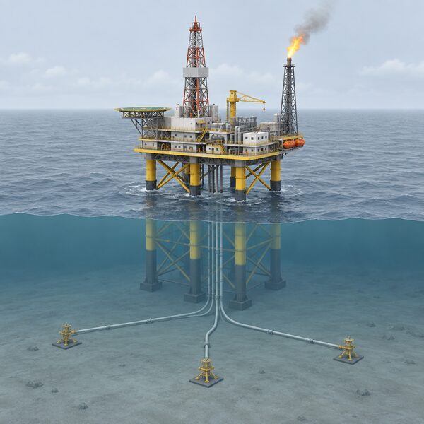 An offshore gas production platform standing in the grey North Sea, with a simplified isometric view of its steel legs, drilling derrick and flare stack above the water and pipework descending below the surface to the seabed wells, conveying the ageing domestic source of household heating gas.
