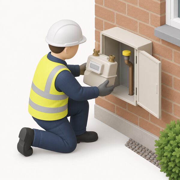 A supplier's operative in plain work clothing and a hard hat kneeling at an external wall-mounted gas meter box, lifting the domestic gas meter out of its housing with the inlet pipe left open and capped, beside a simplified house wall.