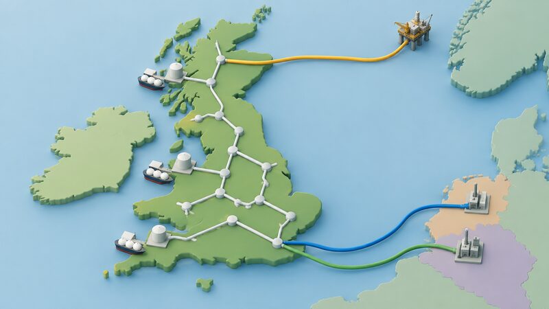 A simplified map of Great Britain and nearby continental coastlines showing a long pipeline from Norway, two Channel interconnector lines from Belgium and the Netherlands, and LNG terminal markers on the coast, all with plain lines converging into one national transmission network across Britain.