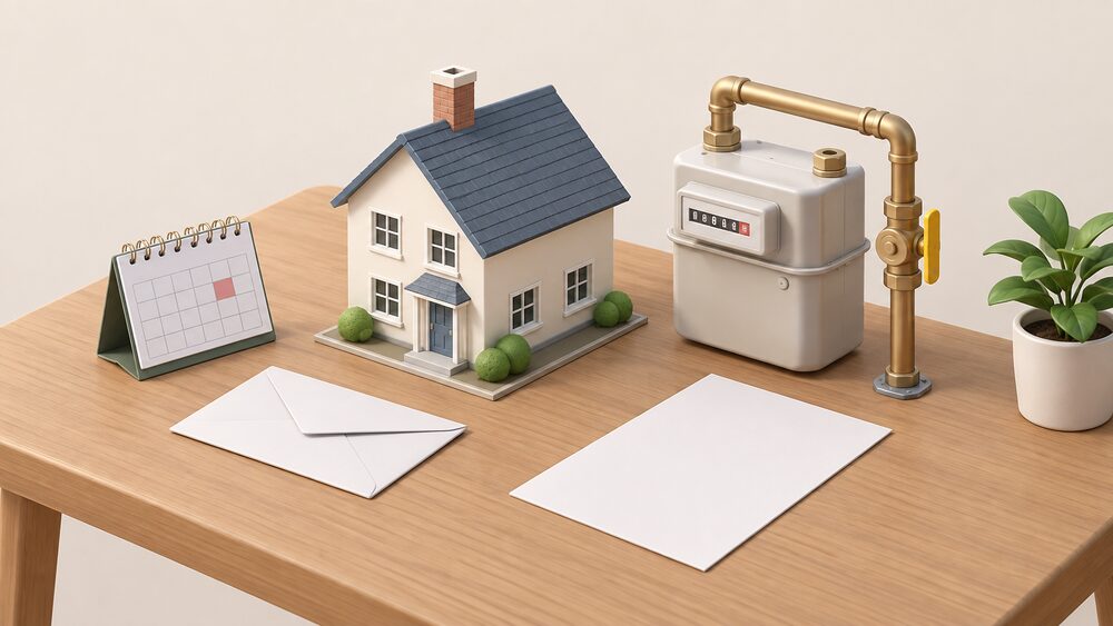 A small model house sits on a table beside a domestic gas meter with its pipework, a sealed envelope and a blank sheet of paper, and a small desk calendar, representing a household receiving a late-stage gas supply notice.