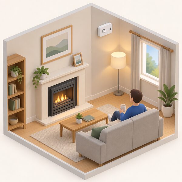 A carbon monoxide alarm mounted on the wall or ceiling of a living room containing a fixed gas appliance such as a gas fire, shown as a simple domestic interior with the alarm positioned in the same room as the appliance.
