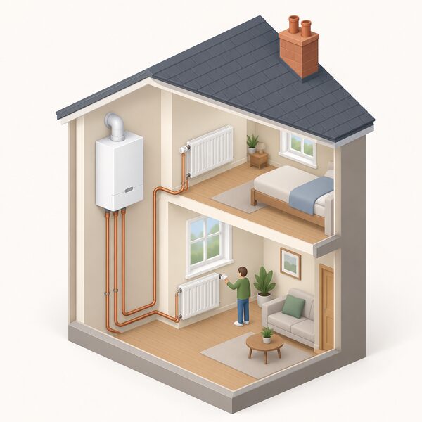 A cutaway view of a home with a wall-mounted gas boiler connected to a radiator and pipework, with a small isometric figure turning down a radiator control, showing the household reducing gas demand for heating while the boiler itself remains the only heat source.