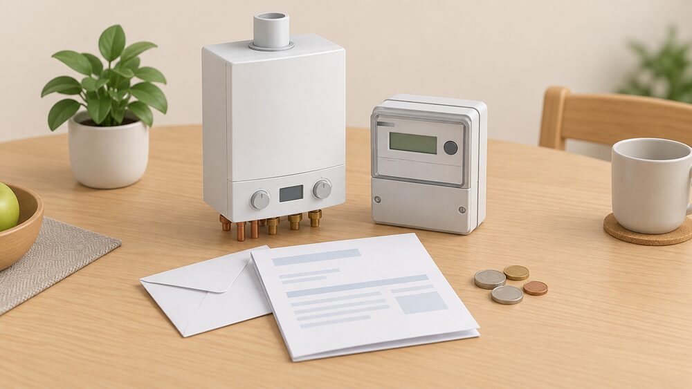 A kitchen table with a folded household energy bill and a plain envelope lying flat, a few coins beside it, and a small model of a wall-hung gas boiler with a domestic electricity meter standing next to the paperwork as the things the bill pays for.