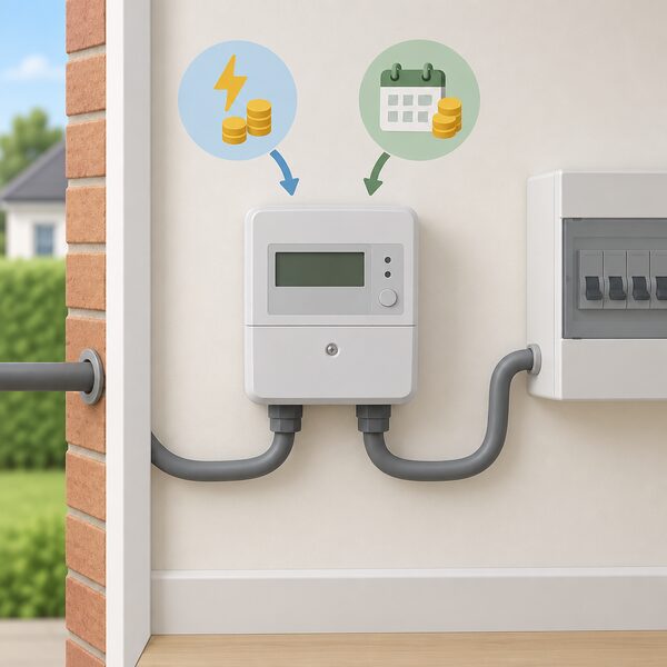 A domestic electricity meter mounted on an interior wall of a home, with a cable entering from outside and another cable running onward into the house, showing the point where the unit rate and standing charge are applied to the household's measured energy use.