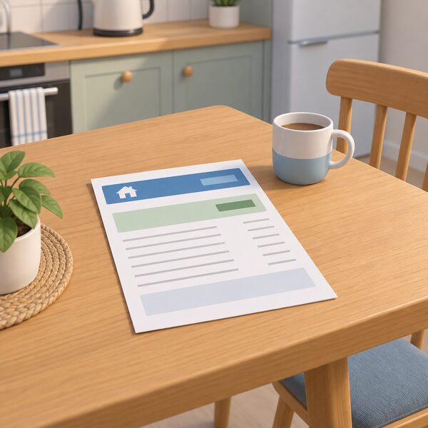 A paper household energy bill lying flat on a kitchen table, drawn as a physical document with a supplier header band, a plain bar showing the annual total, and blank ruled lines for tariff details, with a mug and a chair beside it to set the domestic scene.