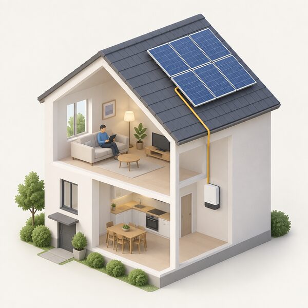 A cutaway view of a small house with a solar panel array on the pitched roof and an inverter unit mounted on an indoor wall, connected by a cable running down through the house, showing generation the household controls itself.