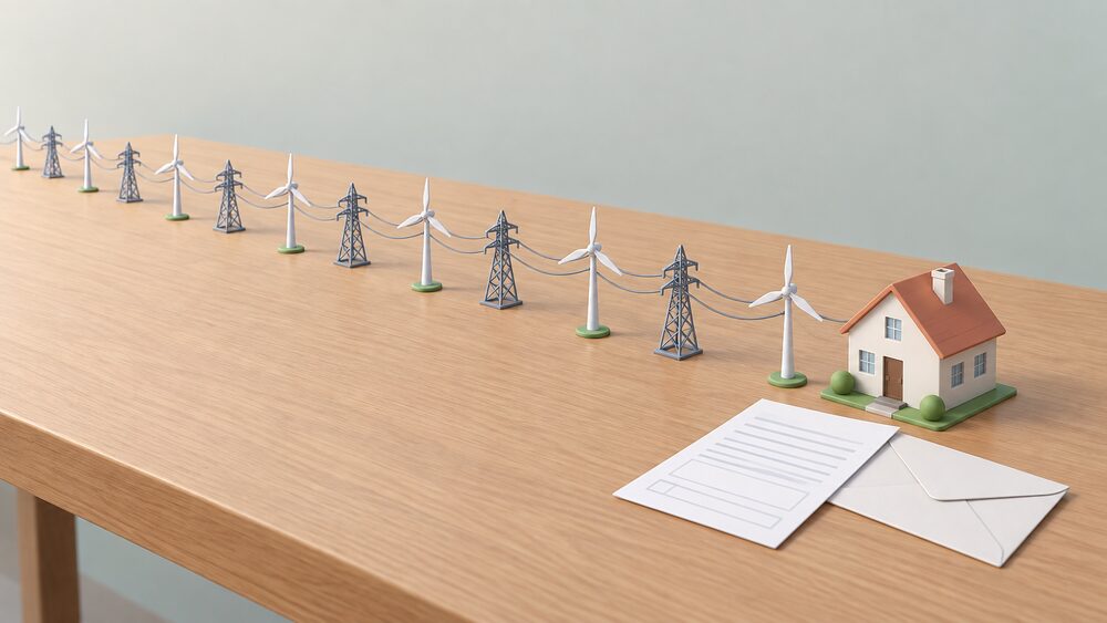 A small model house sits at one end of a tabletop while a long single-file queue of small model wind turbines and electricity pylons stretches away from it across the surface, with a blank application form and envelope lying beside the house.