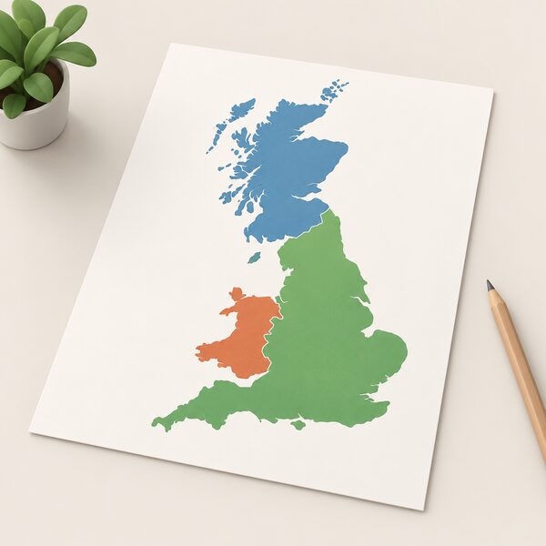 A simplified map of the island of Great Britain drawn as a printed sheet, with England, Wales and Scotland shown as three separate plain colour regions and Northern Ireland absent, with no readable text or labels anywhere.