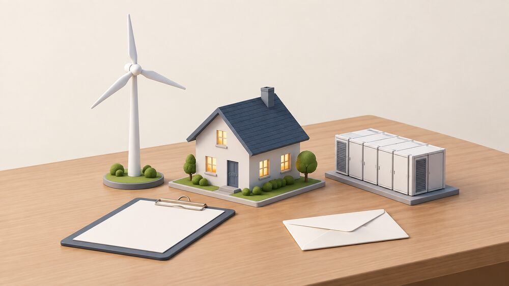 A small model house with a lit window stands on a table beside a small model wind turbine and a grid-scale battery model, with a blank clipboard and envelope nearby, representing the system-level stability service that keeps household supplies secure.