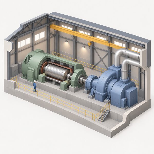A cutaway view of a large power station turbine hall showing a big cylindrical synchronous generator with its heavy rotor spinning on bearings, coupled to a steam turbine, with a small simplified isometric figure of an engineer standing beside it for scale.