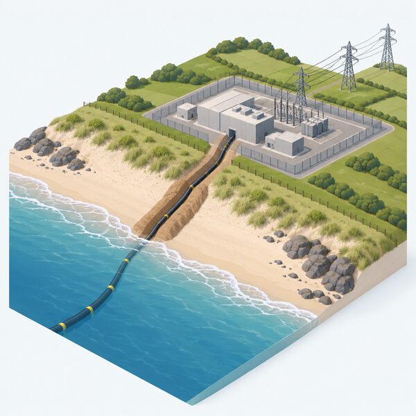 A simplified isometric coastal scene showing a large subsea electricity interconnector cable coming ashore from the sea, buried across a beach and rising from a trench to connect into an onshore converter station and substation compound that links onward to the British transmission grid.