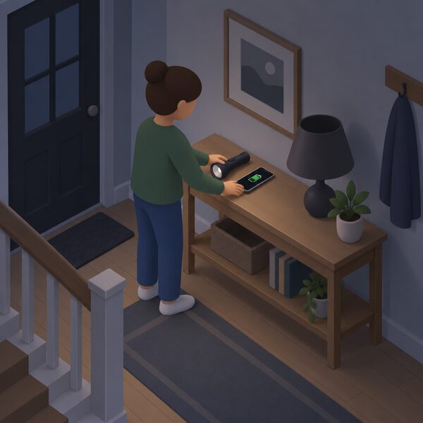 A small isometric figure at home placing a torch and a fully charged mobile phone together on a shelf or table in a hallway, ready to hand in case of a power cut, with a dark unlit lamp nearby suggesting the outage.